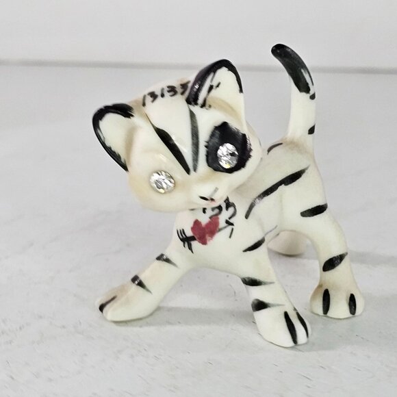Striped Ceramic Cat Bobble Head Nodder Figurine Rhinestone Eyes Signed Numbered - Picture 2 of 9